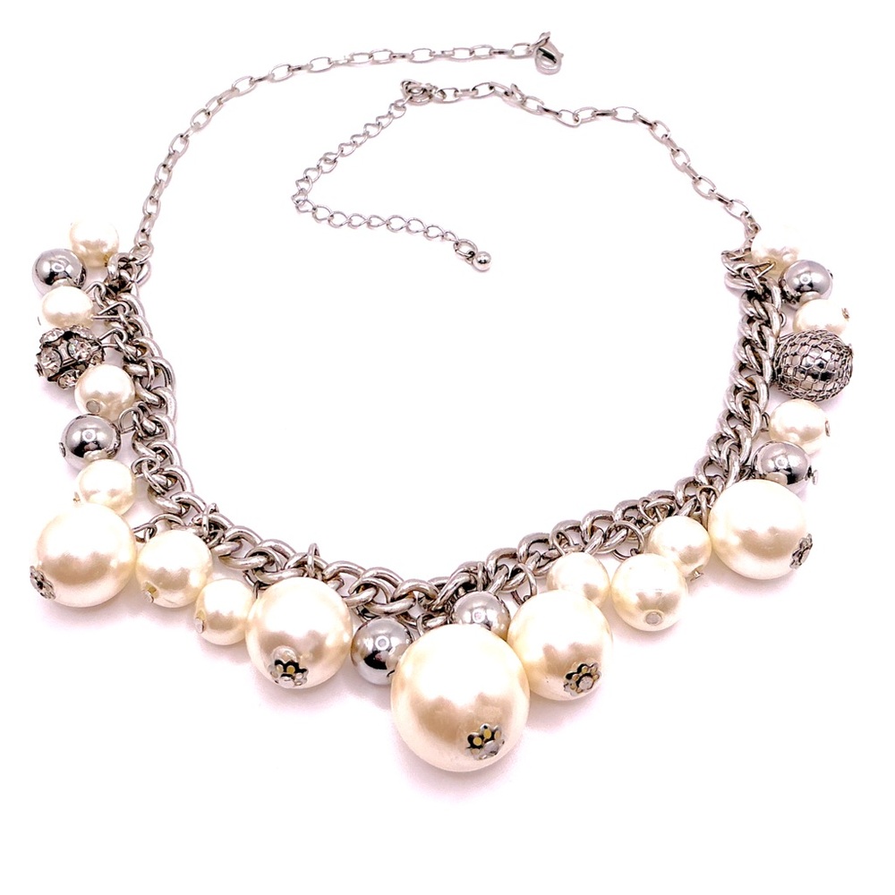 Vintage Statement Silver Tone Faux Pearl Necklace 19” With 3” Extender